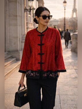 Asian Inspired 100% Silk Red Top Embroidered Hem XXL Festival Lightweight Chic